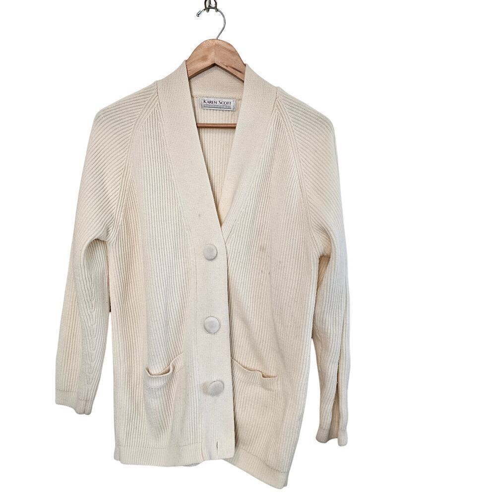 Vintage Karen Scott Fishermans Cardigan Womens Small 70s Cream Chunky Cable Knit